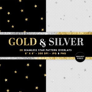 Gouden en zilveren glittersterren, naadloze patronen, steroverlays, digitaal papierpakket, Night Star Galaxy, digitale download, ontwerpelementen