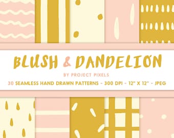 Wzory rysowane ręcznie Blush & Dandelion, Minimalistyczne wzory bezszwowe, Różowy papier cyfrowy w kolorze musztardowym, Projekt graficzny, Zasób projektowy, Pobieranie cyfrowe