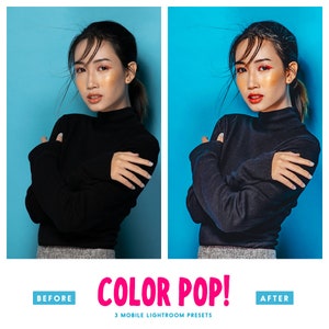 May include: Before and after image showing a woman wearing a black turtleneck sweater against a blue background. The image on the right shows the woman's makeup enhanced with a color pop effect.