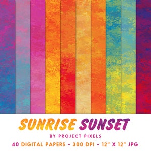 K&ouml;nnte beinhalten: 40 digitale Papiere mit einem Sonnenaufgangs- und Sonnenuntergangs-Thema. Die Papiere zeigen einen Farbverlauf von Blau zu Lila, Rosa zu Orange, Gelb zu Gr&uuml;n und Rot zu Braun. Jedes Papier ist 30,48 cm x 30,48 cm gro&szlig; und hat 300 DPI.