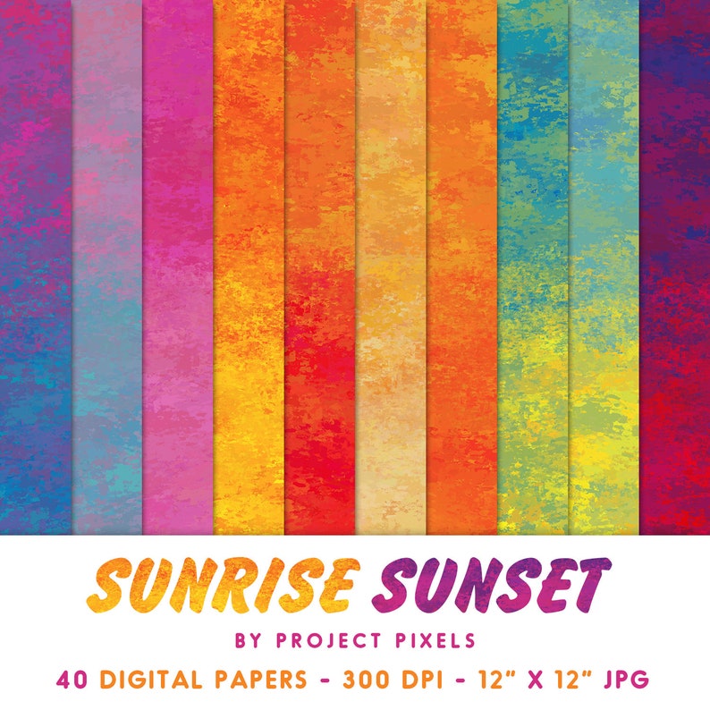 K&ouml;nnte beinhalten: 40 digitale Papiere mit einem Sonnenaufgangs- und Sonnenuntergangs-Thema. Die Papiere zeigen einen Farbverlauf von Blau zu Lila, Rosa zu Orange, Gelb zu Gr&uuml;n und Rot zu Braun. Jedes Papier ist 30,48 cm x 30,48 cm gro&szlig; und hat 300 DPI.