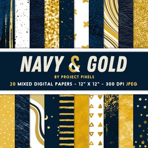 May include: A collection of 20 digital papers in navy blue and gold, each 12" x 12". The designs include gold glitter, brushstrokes, and geometric patterns. The text "NAVY & GOLD" is displayed above the papers.