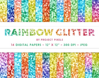 Rainbow Glitter Digital Paper, Rainbow Glitter Textures, Chunky Glitter Paper, Colorful Glitter Backgrounds, Ombre Glitter, Digital Download