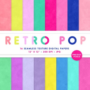 Puede incluir: Un conjunto de 16 papeles digitales con un tema retro pop. Los papeles son de varios colores brillantes y tienen un aspecto texturizado. Los papeles miden 30,5 cm por 30,5 cm y 300 DPI.