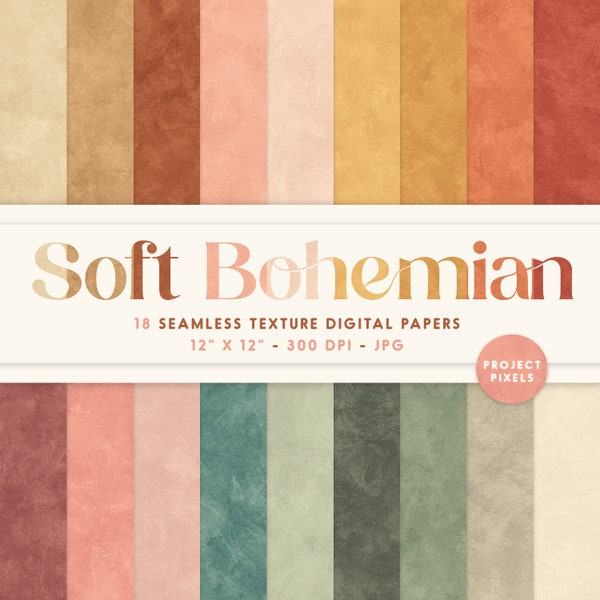 Soft Bohemian, Digital Paper Pack, Boho Seamless Textures, Natural Color Patterns. Scrapbooking Paper, Art Crafts Design, Digital Download
