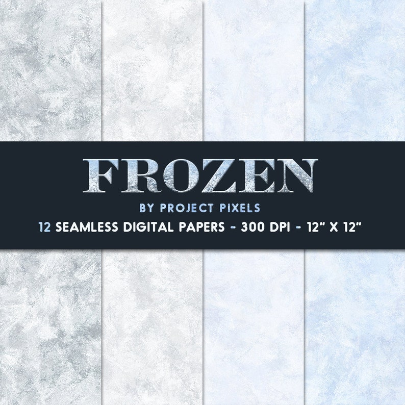 May include: Twelve seamless digital papers with a frozen ice texture in shades of blue and white. The papers are 12 inches by 12 inches and 300 DPI.