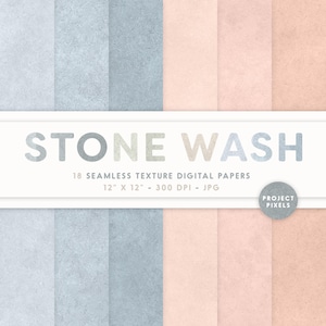 May include: A set of 18 digital papers with a stone wash texture. The papers are 12 inches by 12 inches and 300 DPI. The papers are in shades of blue and pink.