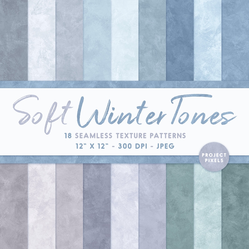 Puede incluir: 18 texturas de papel digital sin costuras en tonos suaves de azul, gris y verde. Cada patr&oacute;n mide 30,48 cm por 30,48 cm y 300 DPI. El texto "Soft Winter Tones" est&aacute; en la parte superior de la imagen.