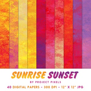 K&ouml;nnte beinhalten: Ein Set mit 40 digitalen Papieren mit verschiedenen Farbverl&auml;ufen von Sonnenunterg&auml;ngen und Sonnenaufg&auml;ngen. Die Papiere sind 30,5 cm x 30,5 cm gro&szlig; und haben eine Aufl&ouml;sung von 300 DPI.
