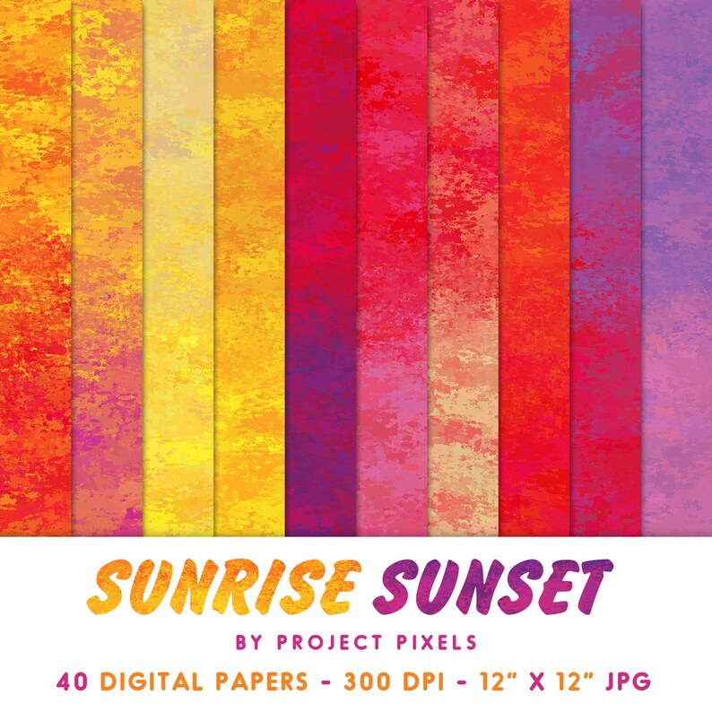 K&ouml;nnte beinhalten: Ein Set mit 40 digitalen Papieren mit verschiedenen Farbverl&auml;ufen von Sonnenunterg&auml;ngen und Sonnenaufg&auml;ngen. Die Papiere sind 30,5 cm x 30,5 cm gro&szlig; und haben eine Aufl&ouml;sung von 300 DPI.
