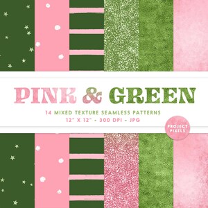 May include: A set of 14 digital seamless patterns in pink and green. The patterns include stars, polka dots, stripes, glitter, and textured backgrounds. Each pattern is 30.5 cm by 30.5 cm and 300 DPI.