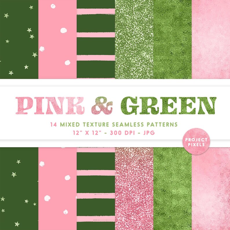 May include: A set of 14 digital seamless patterns in pink and green. The patterns include stars, polka dots, stripes, glitter, and textured backgrounds. Each pattern is 30.5 cm by 30.5 cm and 300 DPI.