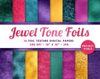 Jewel Tone Foils, Metallic Digital Paper, Rich Foil Texture Mix, Gold, Emerald, Sapphire, Ruby, Amethyst, Digital Download, Design Elements