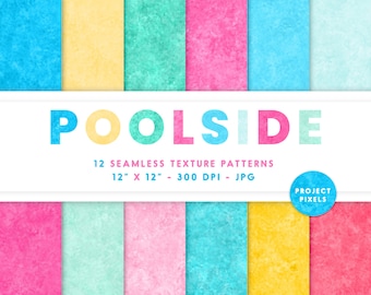 Am Pool, Sommer, Digitales Papier, lustige Farbpalette, Strand-Kunsttexturen, heller Pastellregenbogen, blau, rosa, nahtloses Muster, digitaler Download