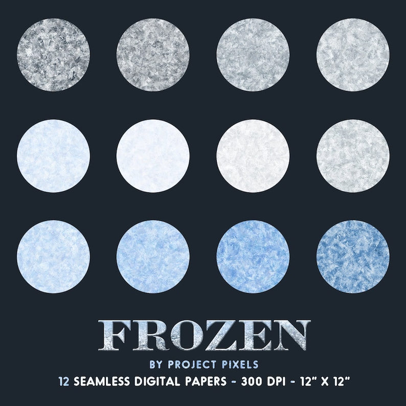 May include: Twelve seamless digital papers with a frozen ice texture in various shades of blue. The papers are 12 inches by 12 inches and 300 DPI.