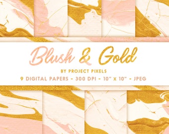 Blush & Gold, Marble Digital Paper, Abstract Paint, Marble Backgrounds, Paint Textures, Digital Download, Graphic Design, Scrapbooking Paper