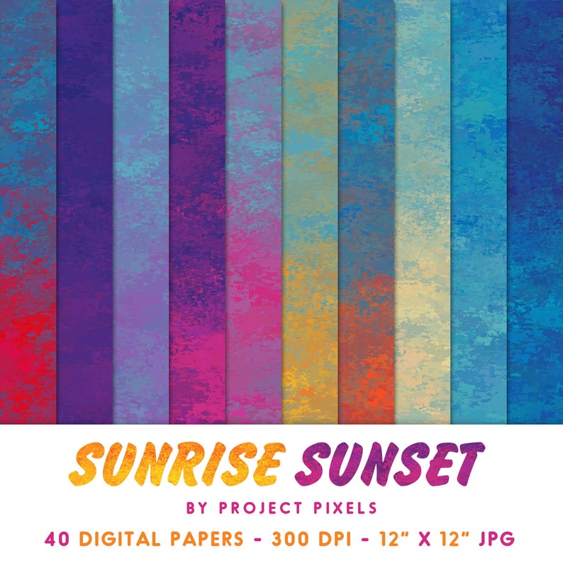 K&ouml;nnte beinhalten: 40 digitale Papiere mit Sonnenaufgangs- und Sonnenuntergangsfarbverl&auml;ufen. Jedes Papier ist 12 Zoll mal 12 Zoll gro&szlig; und hat 300 DPI.