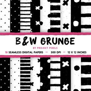 Grunge preto e branco, padrões sem emenda, pacote de papel digital, padrões simples, padrão desenhado à mão, papel para scrapbooking, download digital