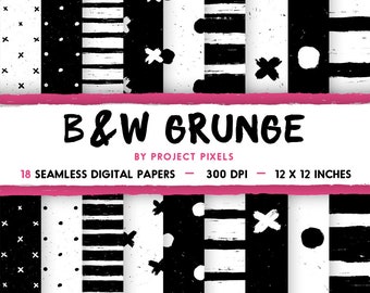 Black and White Grunge, Seamless Patterns, Digital Paper Pack, Simple Patterns, Hand drawn Pattern, Scrapbooking Paper, Digital Download