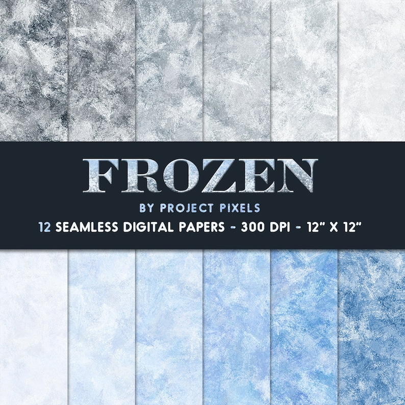 May include: Twelve seamless digital papers with a frozen ice texture in shades of blue and white. The papers are 12 inches by 12 inches and 300 DPI.