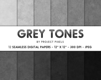Paquete de papel digital de tonos grises, texturas grises, papel degradado, patrones sin costuras, descarga digital, papel de Scrapbooking, papel de arte Decoupage