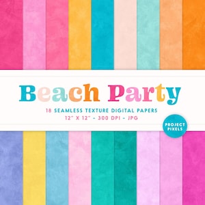 Könnte beinhalten: 18 digitale Papiere mit einem Strandparty-Thema. Die Papiere sind in verschiedenen Farben, darunter Pink, Blau, Gelb und Orange. Jedes Papier hat eine texturierte Optik, wie ein Aquarellbild. Die Papiere sind 30,48 cm x 30,48 cm groß und haben 300 DPI.