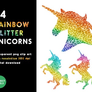 24 Rainbow Glitter Unicorns, Unicorn Clip Art, Glitter ClipArt, Rainbow Unicorns, Party Printable PNG, Design Elements, Digital Download