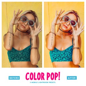 May include: Before and after image showing a woman wearing a green top and sunglasses. The image on the right has been edited with a color pop filter.