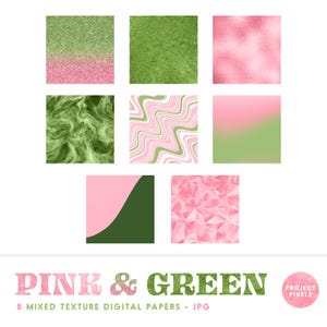 May include: Eight digital paper textures in pink and green colours. The textures include glitter, marble, swirl, gradient, and geometric patterns. The text "PINK & GREEN 8 MIXED TEXTURE DIGITAL PAPERS - JPG" is at the bottom of the image. The text "PROJECT PIXELS" is in a circle at the bottom right corner of the image.