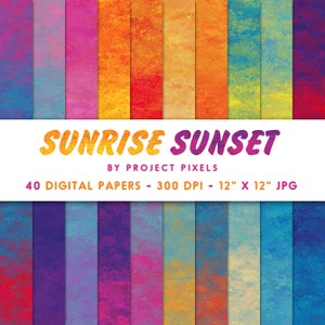 K&ouml;nnte beinhalten: Ein Set mit 40 digitalen Papieren mit einer Vielzahl von Sonnenuntergangs- und Sonnenaufgangsfarben. Die Papiere sind 30,5 cm x 30,5 cm gro&szlig; und haben eine Aufl&ouml;sung von 300 DPI. Die Papiere eignen sich perfekt f&uuml;r Scrapbooking, Kartenherstellung und andere Bastelprojekte.