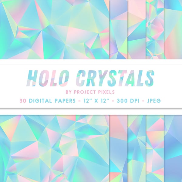 Holographic Crystal Digital Paper, Iridescent Rainbow Paper, Pastel Geometric Art, Digital Download, Graphic Design, Design Asset & Elements