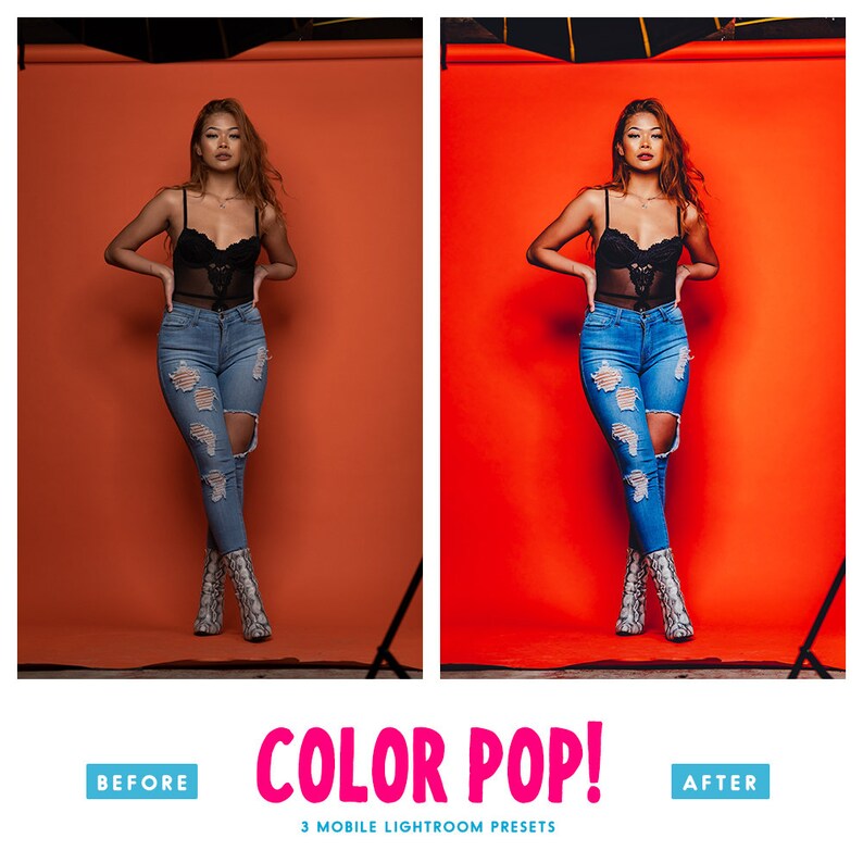 May include: Before and after image showing a woman wearing a black lace top and ripped blue jeans. The image on the left shows the woman against a light orange background. The image on the right shows the woman against a bright red background. The text "COLOR POP!" is displayed below the images. The text "3 MOBILE LIGHTROOM PRESETS" is displayed below the text "COLOR POP!" The text "BEFORE" is displayed in a blue box to the left of the images. The text "AFTER" is displayed in a blue box to the right of the images.