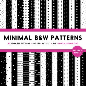 May include: A collection of black and white seamless patterns. The image features various geometric designs, including triangles, dots, and lines. The text "MINIMAL B&W PATTERNS" is displayed, along with details about the patterns' size and resolution.