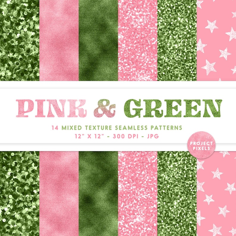May include: A set of 14 digital seamless patterns in pink and green. The patterns include glitter, stars, and textured backgrounds. The patterns are 30.5 cm by 30.5 cm and 300 DPI.