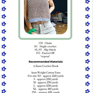 May include: A crochet pattern for a sleeveless top with a brown and blue color scheme. The pattern includes instructions for chain, single crochet, slip stitch, and fasten off. The pattern also includes recommended materials, such as a 5mm crochet hook and Aran weight cotton yarn. The gauge is 12 stitches by 7 rows for a 4 inch by 4 inch square.