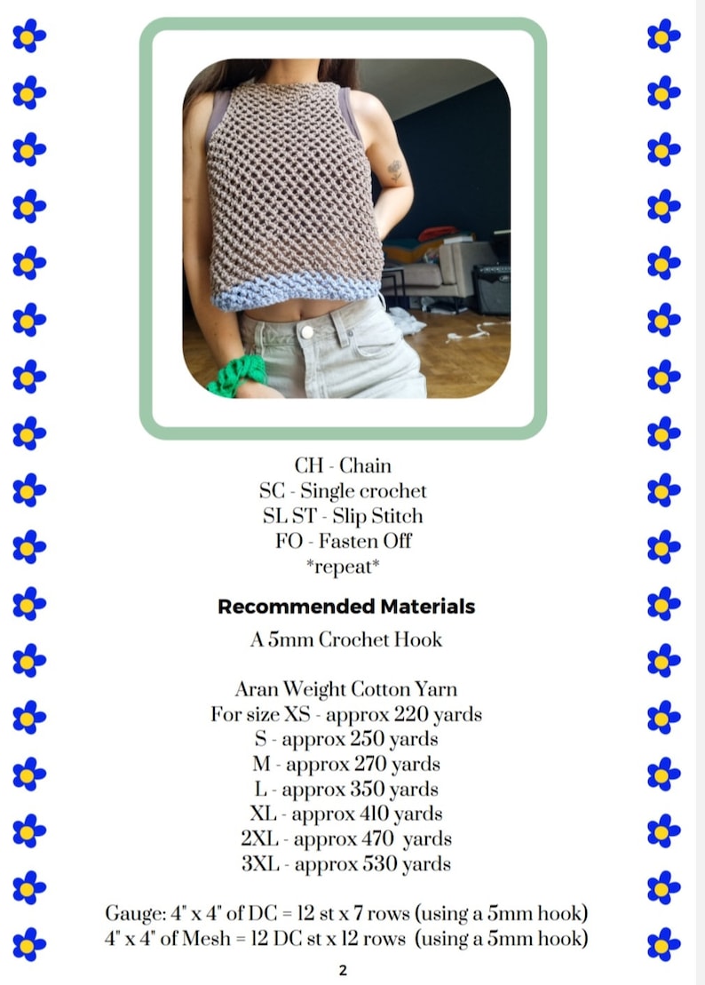 May include: A crochet pattern for a sleeveless top with a brown and blue color scheme. The pattern includes instructions for chain, single crochet, slip stitch, and fasten off. The pattern also includes recommended materials, such as a 5mm crochet hook and Aran weight cotton yarn. The gauge is 12 stitches by 7 rows for a 4 inch by 4 inch square.