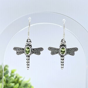 DRAGONFLY HOOK EARRINGS, Peridot Dragonfly Earrings, Dragonfly Dangle Earrings, Gemstone Dragonfly Earrings, Dragonfly Womens Earrings