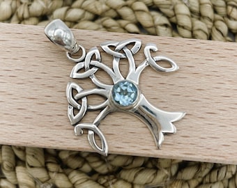 STERLING TREE PENDANT, Blue Topaz Pendant, Silver Gemstone Pendant, Tree of Life