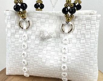 FASHION WOVEN HANDBAG, Black White Handbag, Woven Plastic Handbag, Luxury Woven Handbag, Water Resistant Handbag, Beaded Handle Tote Bag