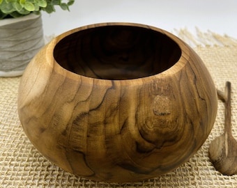 HAND CARVED BOWL, Asian Wood Bowl, Bali Teak Bowl, Teak Fruit Bowl, Rice Wood