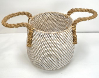 FLOWER PLANT BASKET, Terracotta Wicker Plant Basket, Small Plant Basket, Natural Handmade Basket, White Plant Basket, Basket with Handles