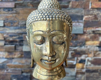 MINI BRASS BUDDHA- Small Buddha Head Figurine, Buddha Head Brass Statue, Brass Buddha Head on Black Stand, Lord Buddha Head Figurine, Buddha