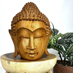 Teak Wood Buddha Head Statue: Handcrafted Meditating Zen Decor
