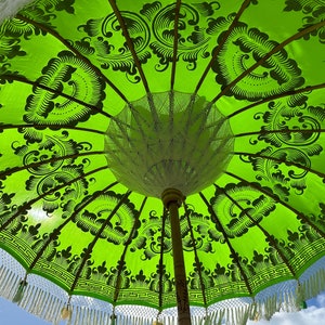 Pu&ograve; includere: Un ombrello verde e nero con frange bianche. L'ombrello &egrave; aperto e l'interno &egrave; bianco.