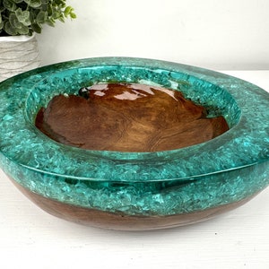pecan wood bowl with electric blue epoxy resin inlay