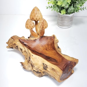 Handcarved Teak Mushroom Sculpture Bowl: Fungi Art