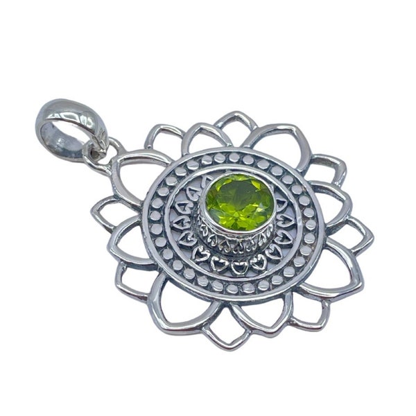 LOTUS MANDALA PENDANT, Sterling Flower Pendant, Peridot Necklace Pendant, 925 Sterling Pendant, Green Mandala Pendant, Boho Sterling Pendant