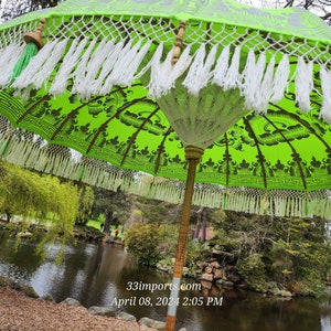 Pu&ograve; includere: Un ombrello con motivo verde e bianco con bordi a frangia pende sopra uno stagno. L'ombrello ha un palo di legno e un fiocco verde e bianco. Il testo "33imports.com April 08, 2024 2:05 PM" &egrave; visibile nell'angolo in basso a destra dell'immagine.
