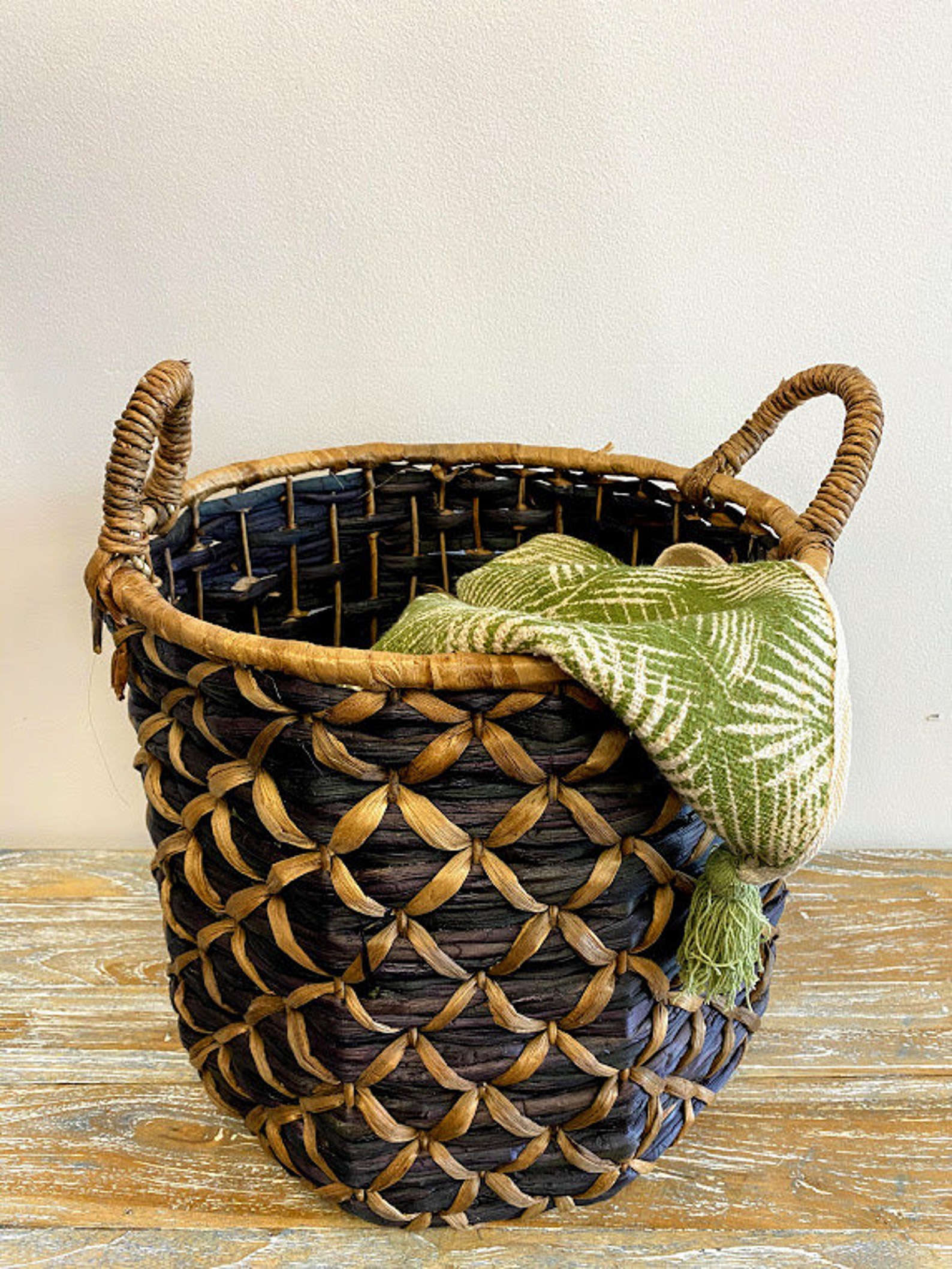 BLACK RATTAN BASKET Ethnic Baskets Tassel Storage Basket Etsy