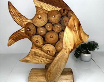 RUSTIC FISH SCULPTURE, Teakwood Angel Fish, Wood Carving Fish, Sculpture Angel